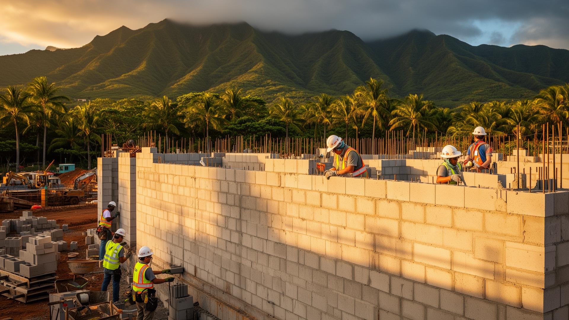 Affiliated Construction masons laying a CMU block wall at sunset, Hawaiian mountains in the background